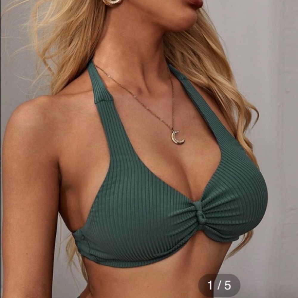Forest green ribbed ruched bikini top